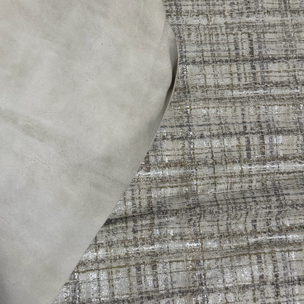 Tan Abstract Plaid print thick Leather Cutting color off white silver/gold plaid